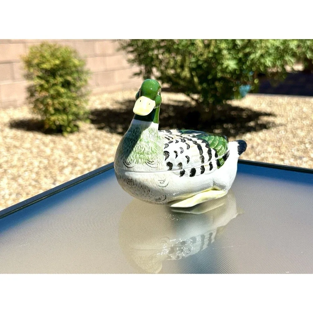 Vintage Porcelain Male Mallard Duck Figural Trinket Box/ Small Candy Dish  6” L